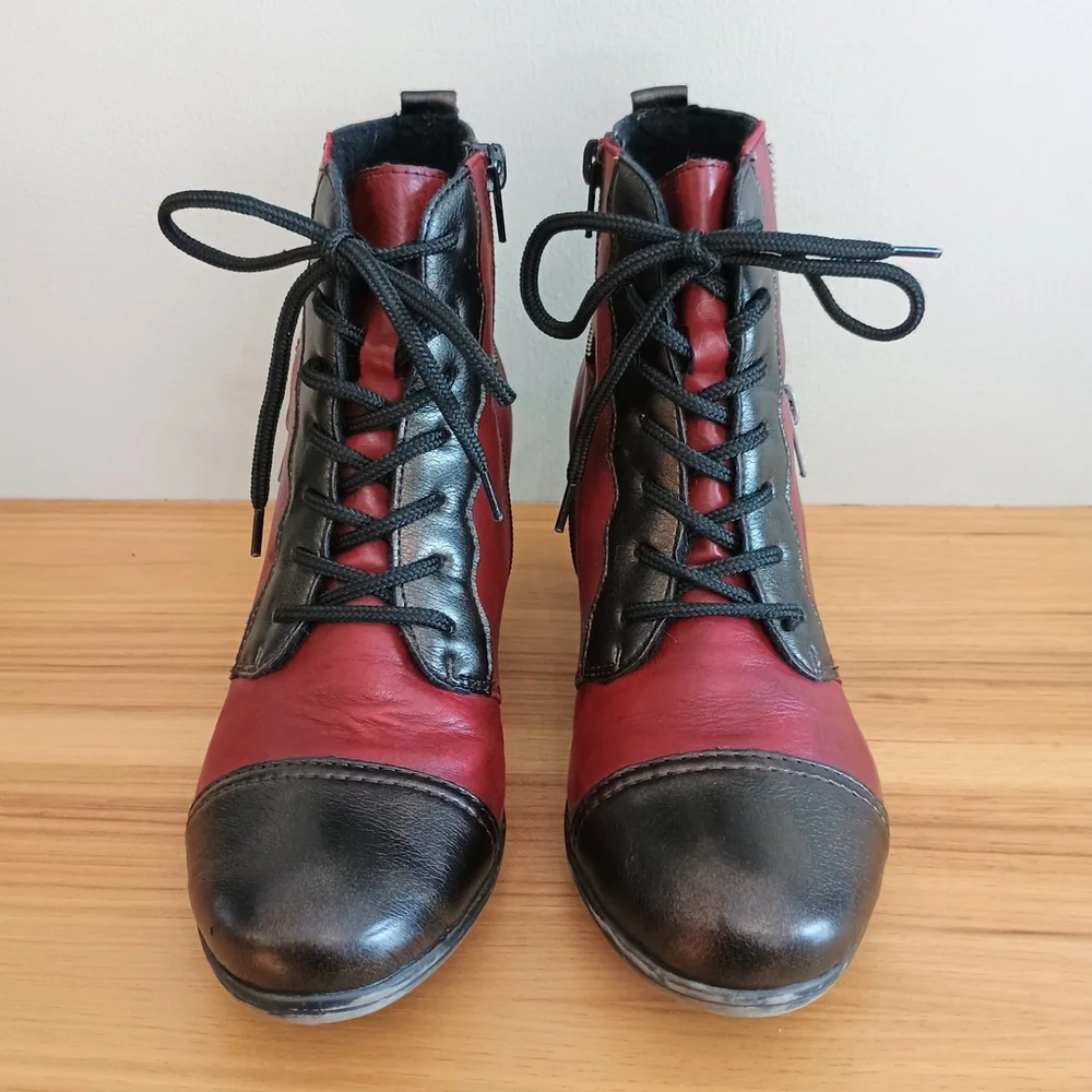 Remonte Dorndorf Red Heeled Leather Lace up Booties Boots Side Zip Womens 37